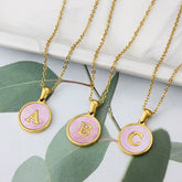 Aurora Round Pink Shell Gold Initial Necklace